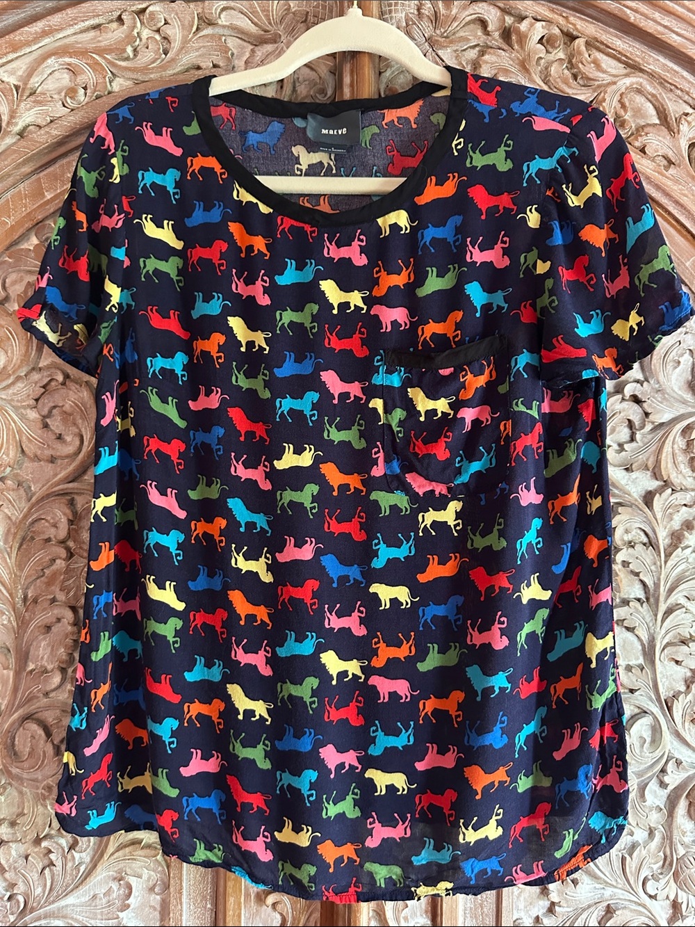 Maeve Black Short-Sleeve Silk Top with Rainbow Dog Print